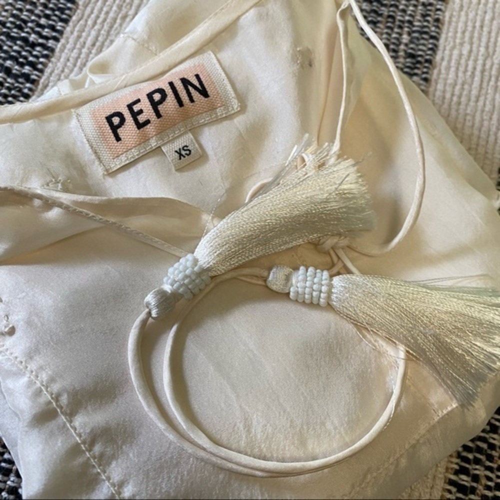 Anthropologie Pepin Cream Crinkled Silk Tassel Blouse Top XS - Picture 12 of 15